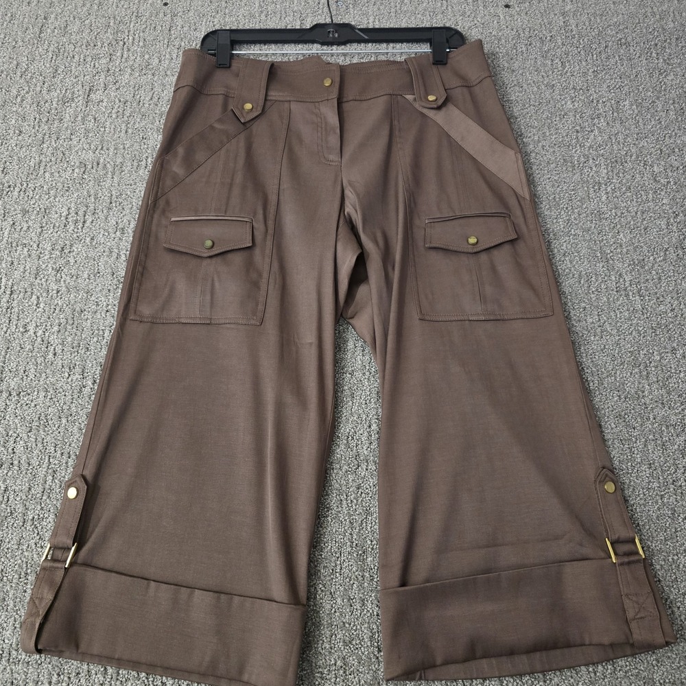 Cache Vintage Y2K Cargo Capri Pants Womens 10 Brown Wide Leg Utility